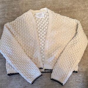Zara Cream Open-Knit Cropped Cardigan with Black Trim